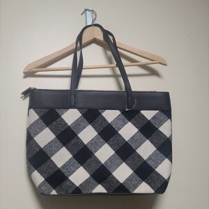 Talbots Buffalo Plaid Getaway Tote Bag With Leather Accents Large Black/White